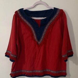 Victoria Jones Woman Red and Navy Embroidered Blouse